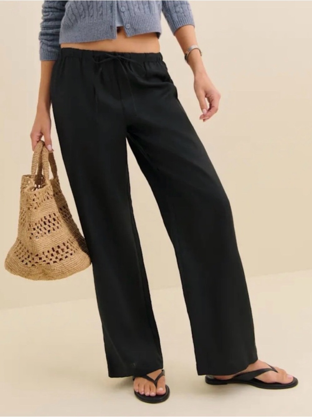 Reformation Wide Leg Drawstring Tie Waist Pants Cotton Spandex Black Size M
